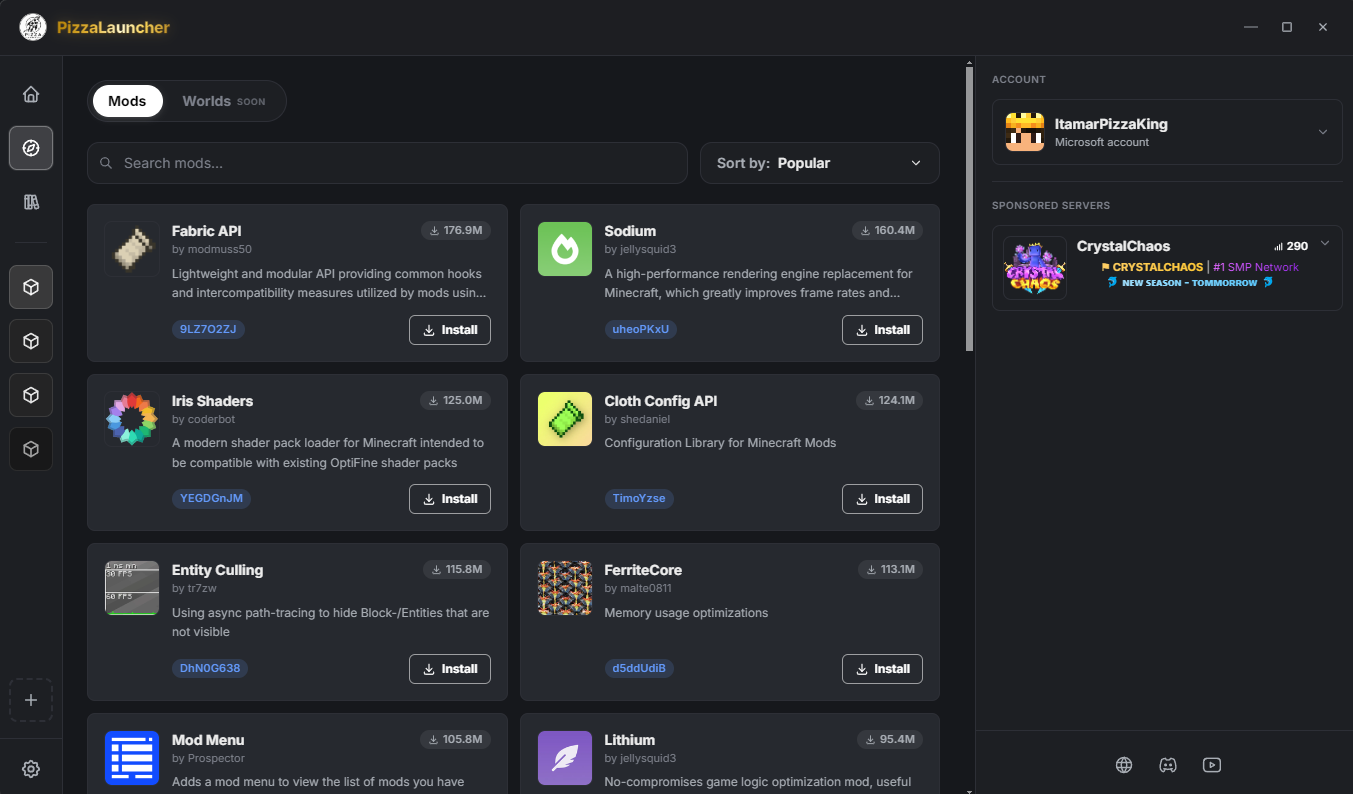 Modrinth mod browser in PizzaLauncher