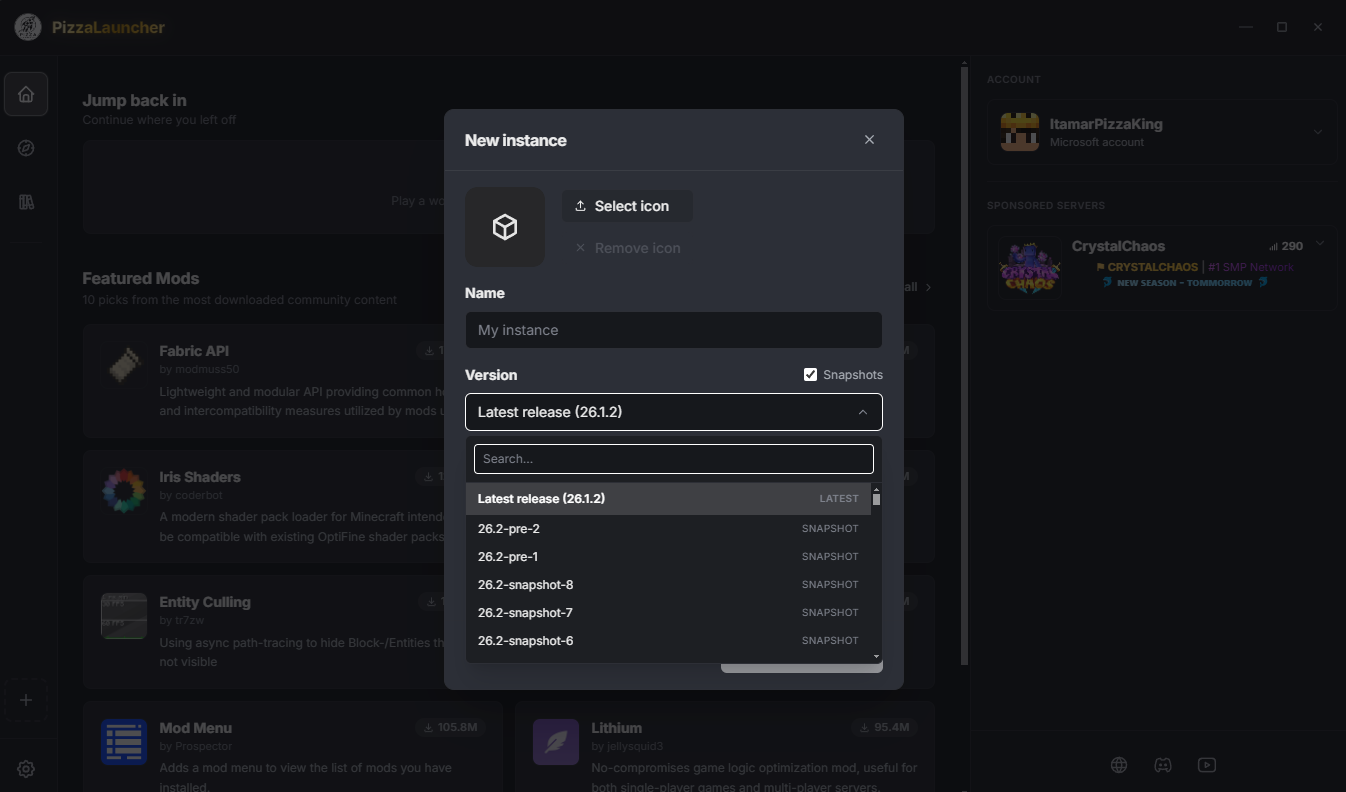 Version picker in PizzaLauncher